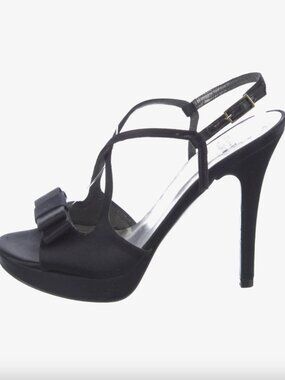 STUART WEITZMAN Black Satin Bow Open Toe Strappy Platform Heels
